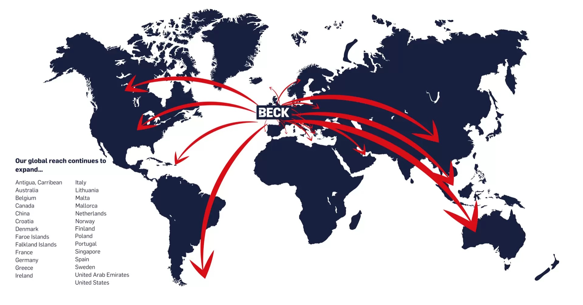 A map of Beck’s global delivery locations