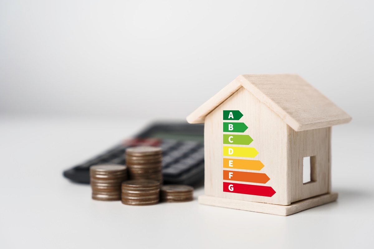 A house with an energy efficiency rating on it next to money & a calculator