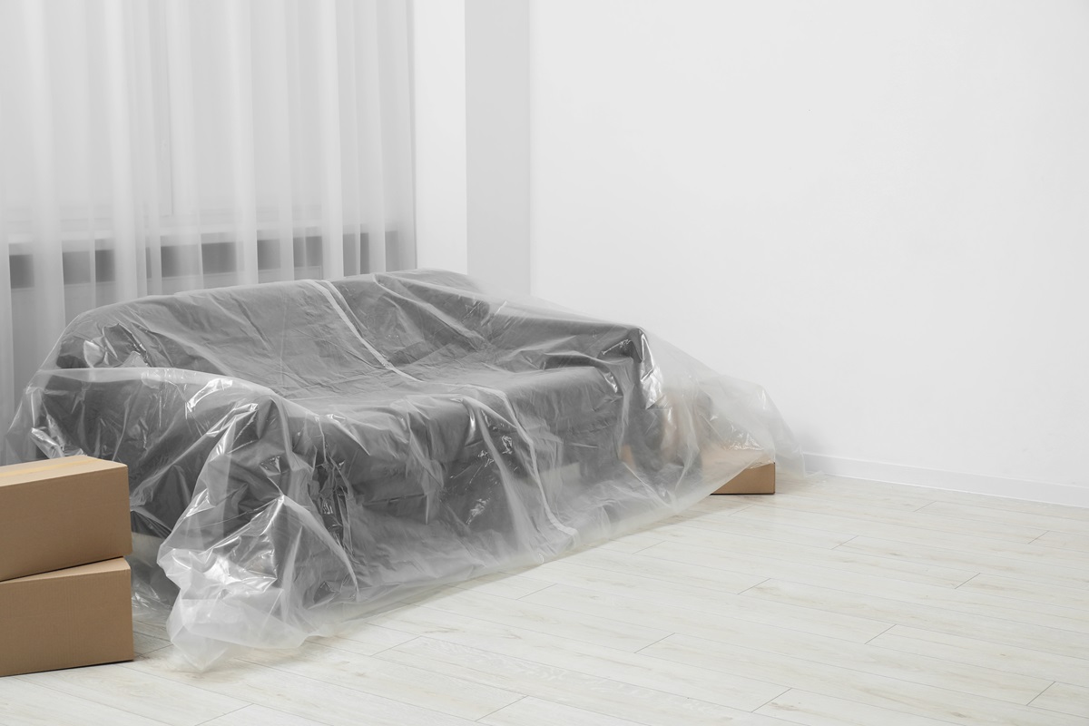 Polythene sheeting protecting furniture